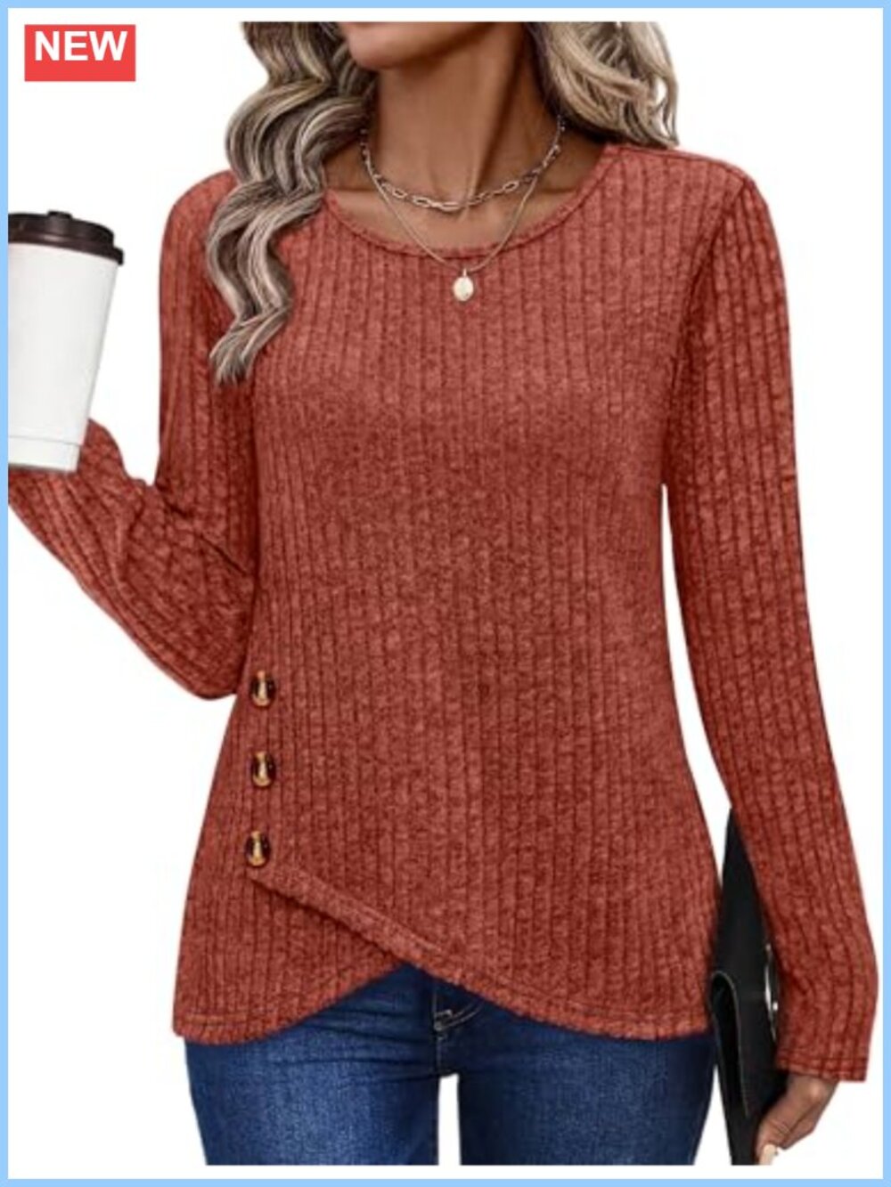 Women's Tunic Sweater Long Sleeve Crew Neck Pullover with Buttons Casual